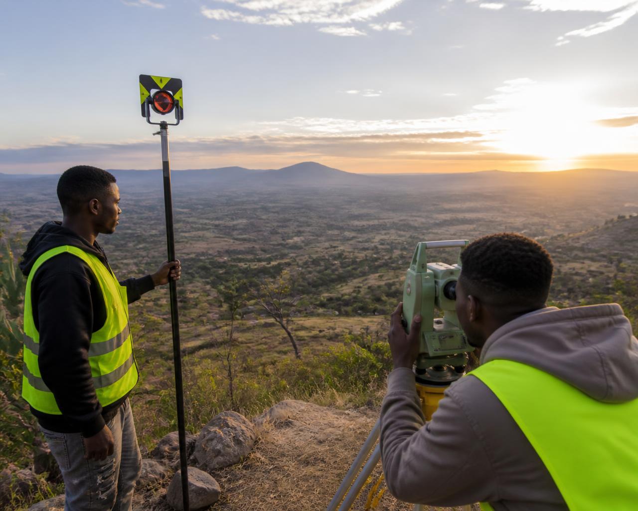 Géomètres en relevé de terrain au lever du soleil