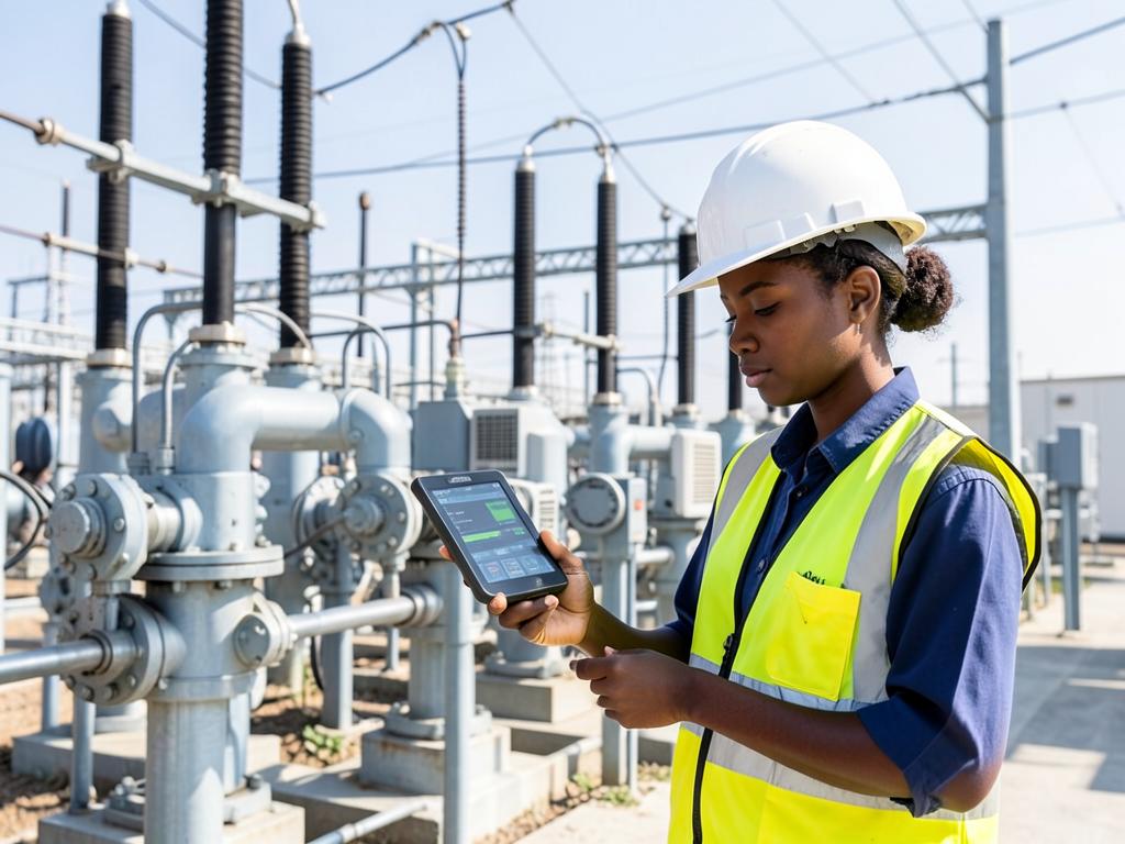 Technicienne contrôlant un poste électrique haute tension