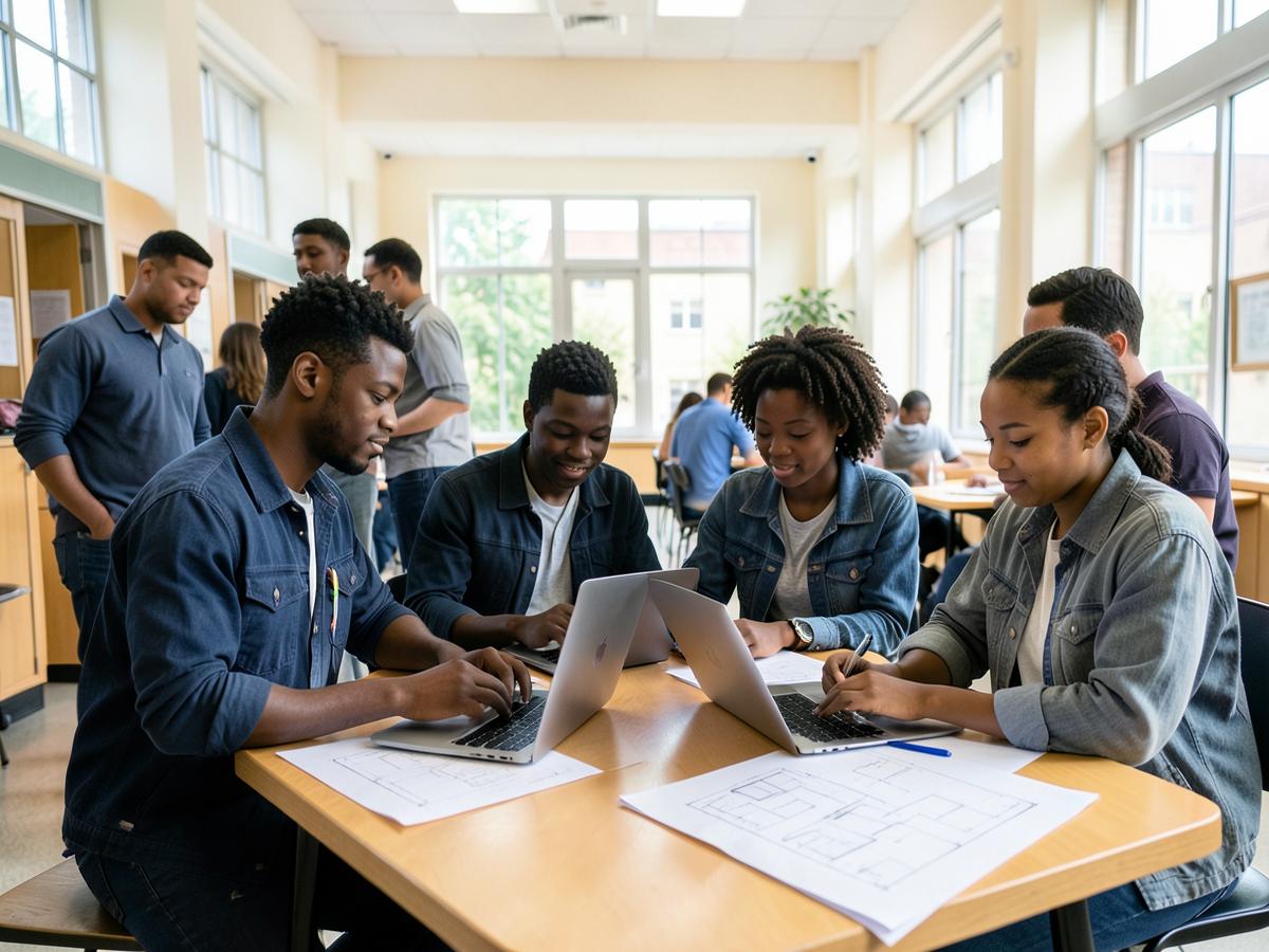 Étudiants en études supérieures travaillant ensemble sur des plans techniques