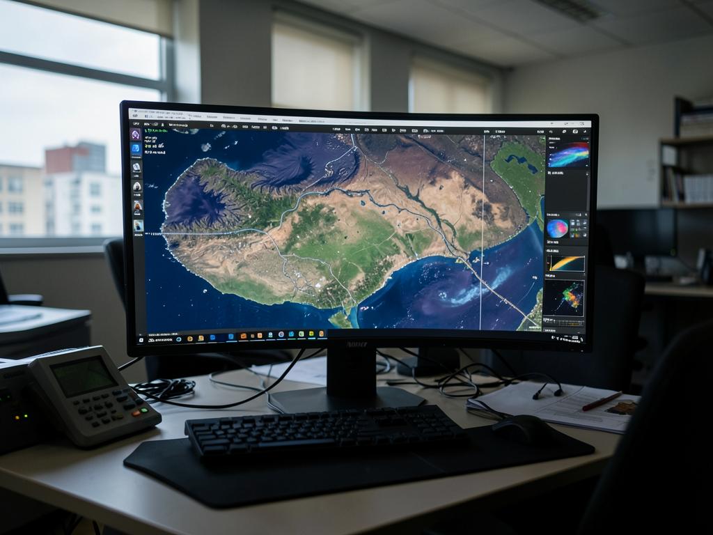 Station de travail affichant une imagerie satellite multispectrale